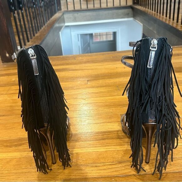 Nasty Gal String Your Heart Out Fringe Tassel Pewter Silver Stiletto Heels - Picture 5 of 9